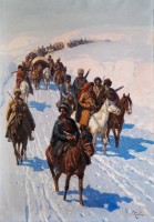 Черкесский отряд с обозом, пересекающий заснеженные кавказские горы