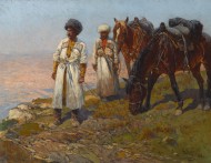 Два черкеса с лошадьми на холме на Кавказе