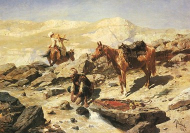 Отдыхающие черкесы со своими лошадьми у горного ручья