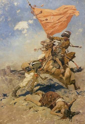 Кавказский всадник в бою с русским солдатом