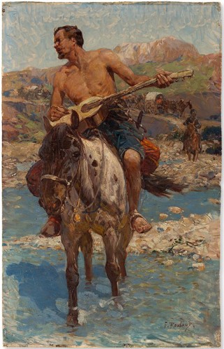 Кавказский всадник с гитарой пересекает реку, за ним следуют конные экипажи